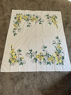 Vtg 50’s Cotton Tablecloth 46x52 Yellow Iris • $25.99