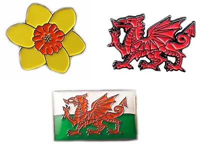 Support Wales!  3 X Metal Enamel Pin Badges - Cymru Welsh Flag Dragon Daffodil • £5.15