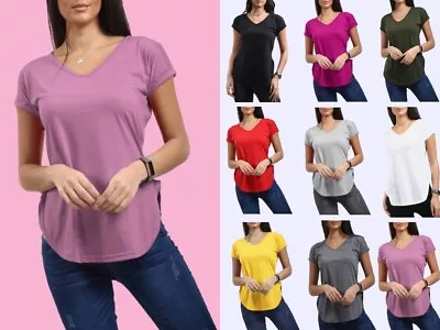 Womens Ladies Plain V Neck Curved Hem Turn Up Short Sleeve Jersey T Shirt Top • £4.99