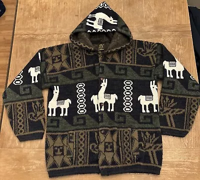 Vtg Tejidos Ruminahui Ecuador Wool Llama Aztec Alpaca Hoodie Sweater Mens Size L • $47