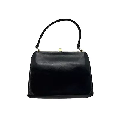 Vintage Leather Kelly Hand Bag 50s 60s Navy Black Gold Mods Gold Clasp Satchel • $89