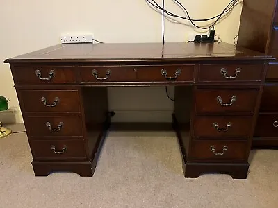 Red Leather Top Double Pedestal Writing Desk Captains Desk • £200