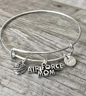 US Air Force Mom Military Freedom Flag Silver Charms Expandable Bangle Bracelet  • $4.50