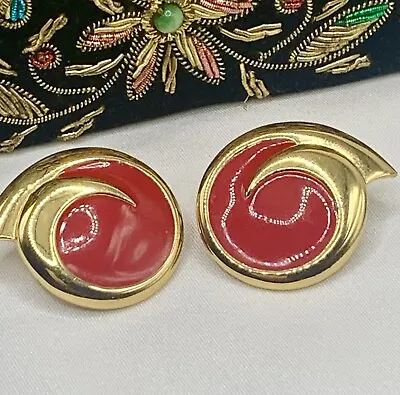 Monet Earrings Pierced Red Enamel Gold Tone Round Swirl Signed • $9.75