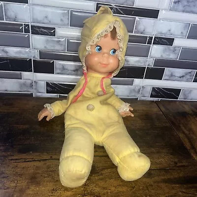 Vintage 1970 Mattel Baby Cuddly Beans 15  Baby Doll Bean Bag W/ Bonnet Yellow • $11.04