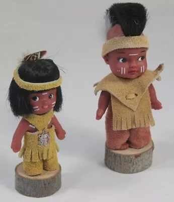 Pair Vintage Native American Child Figures - Wood + Suede + Plastic + Feather • £18.95