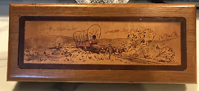 Vtg Mahogany Box With Wagon Scene 11”x 5”x 2” With Lifted Divider • $12.90