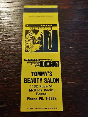 Vintage Matchcover: Tommy's Beauty Salon McKees Rocks PA Yellow  03 • $4.99