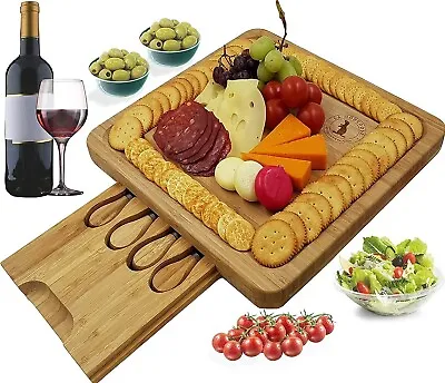 Cheese Board & Knife Set Bamboo Drawer 4 Stainless-Steel Tools - Square Modern • £24.99