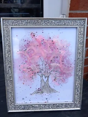 Crushed Diamond Blossom Tree Picture Silver Crystal Liquid Art Wall Hung Frame • £22