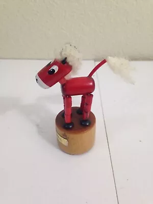 Vtg German Wooden Push Up Button Collapsible Dancing Toy Red Horse White Mane • $19.95