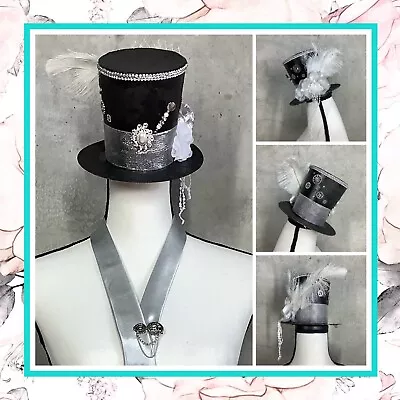 2pc Steampunk Mini Top Hat & Neck Tie Clip Pin Set Silver Black Feather Flower • $52