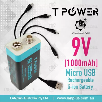 Micro Usb 9v Rechargeable Lithium Li-io Battery 1000mAh F Smoke Alarm Usb Cable • $42.99