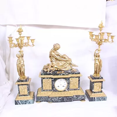 Susse Freres Neoclassical French Ormolu Green Marble Mantel Clock & Candelabras • $28000