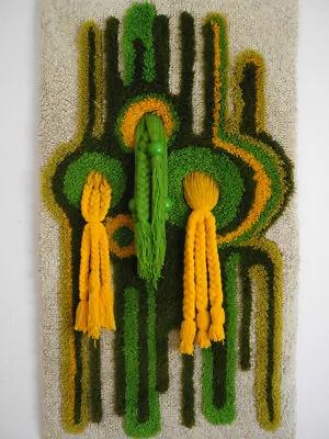 £225 • Buy 70's JUNGHANS Wool Pile Wall Hanging Rug Green Yellow Vintage Mid Century Rya 
