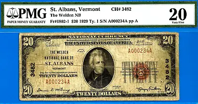 1929 $20 National Bank St. Albans Vermont CH# 3482 PMG 20 Top Pop Finest • $685