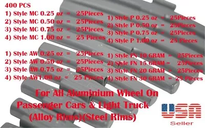 400 Pcs ASSORTMENT CLIP-ON WHEEL WEIGHT BALANCE P AW MC FN STYLE .25 .50 .75 1oz • $69.99