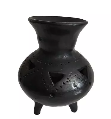 Black Clay Oaxca Pottery Mexico Round Incised Traditional Design Vase • $25.90