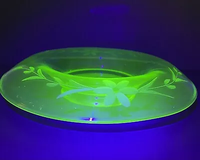 Antique Uranium Glass Console Bowl 11.5”Floral Etched Depression Vaseline Glass • $35.99