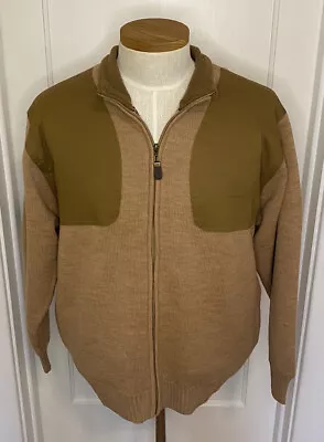 Orvis Tan Wool Bomber Shooting Jacket Sweater Shoulder Patches Men's Size Large • $49.95