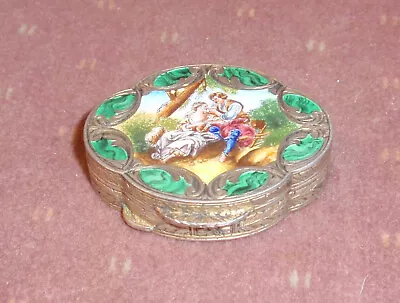 Vintage Hinged Embossed Metal Pill Ring Trinket Box Painted Enamel Lid 1¾” X 1¼  • $10