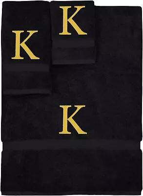 Monogrammed Towel Set Personalized Gift Set Initial - K Black & Gold  • $64.76