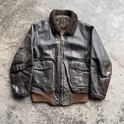 Vintage 1960s Military Flight Leather Lined G-1 Bomber Jacket Mens Size 40 Brown • $169.95