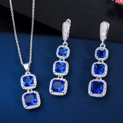 14K White Gold Plated Silver Pendant & Earring Set 4 Carat Lab Created Sapphire • $351