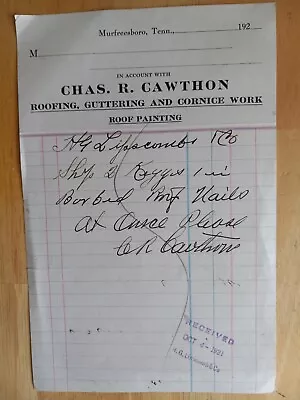 1921 Murfreesboro TN Letterhead Chas. R. Cawthon Roofing Guttering Painting • $1.99