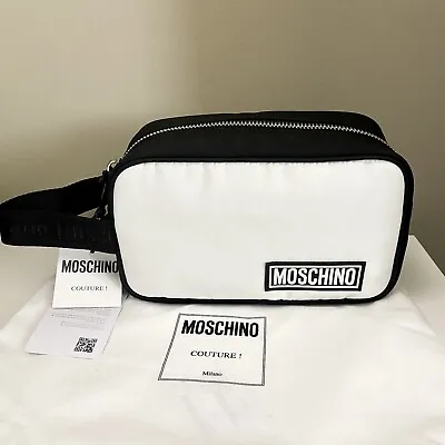 NWT Moschino Logo Patched Toiletry Bag Black White Nylon • $145