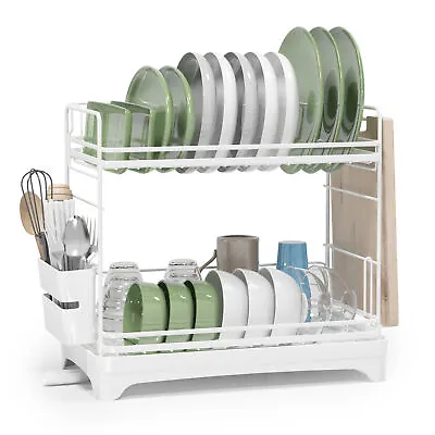 2 Tier Kitchen Dish Drying Rack Stainless Utensil Holder W/Drain Board Dish Rack • $26.98