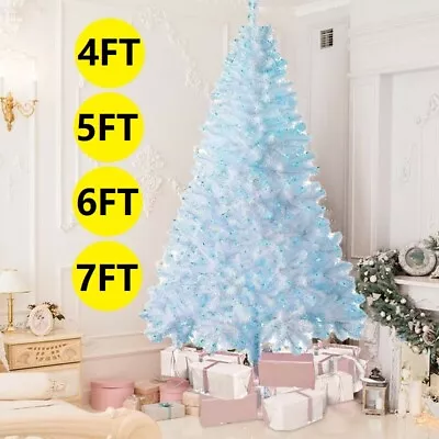 4/5/6/7ft White Christmas Tree With Blue LED Lights Metal Stand Bushy Pine Xmas • $64.99