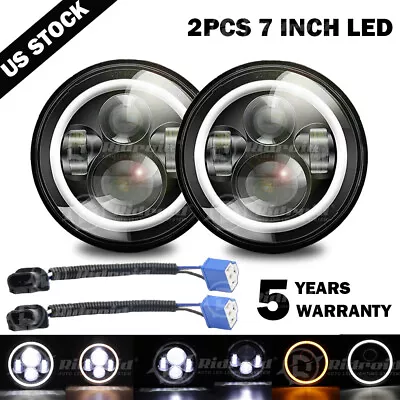 $45.89 • Buy Pair 7  Inch Round LED Headlights Halo Angle Eyes For Jeep Wrangler JK LJ TJ CJ