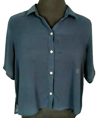 Hollister Cropped Blouse Womens Size S Button Up Navy Blue Short Sleeve *VGC* • $12.95