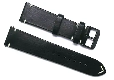 22mm Black/White Leather Classic Style Watch Band Handmade W/ Black Tone Buckle • $15.15