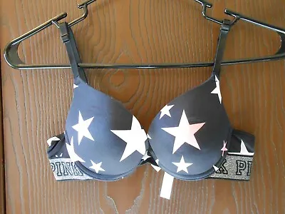 Womens Pink(victoria's Secret) Black Star Print Sparkly Push-up Bra Size 34a • $7.99