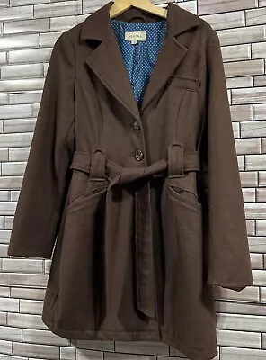 Merona Wool Blend Coat Jacket Womens M Brown Button Up Tie Mid Length Vintage • $34.99