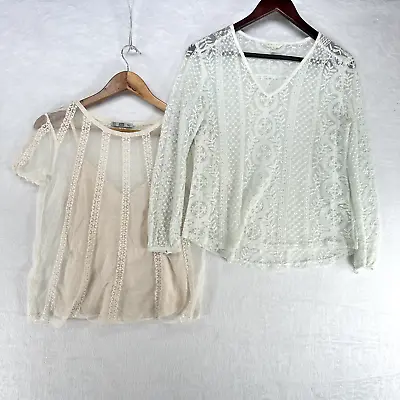 Zara Blouse Womens Small Ivory White Lot Of 2 Sheer Crochet Lace Shirt Boho • $12.60
