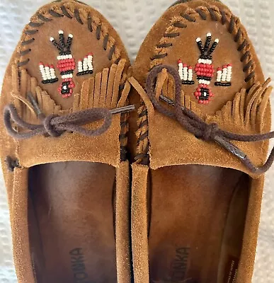 WomensMoccasins By Minnetonka Softsole Thunderbird Size 7.5 Brown Suade Leather. • $20