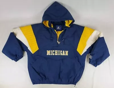 VTG 90's STARTER Michigan Wolverines Pullover Zip Hooded Jacket W/ Pouch Size L • $124.99