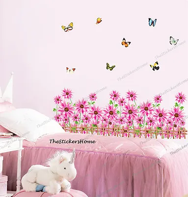 Pink Daisy Flower Butterfly Wall Stickers Art Decal Vinyl Wallpaper Decor Gebera • £6.99