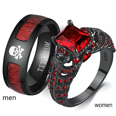 $8.99 • Buy Skull Rings Couple Rings Titanium Mens Band Princess Red CZ Women's Wedding Ring
