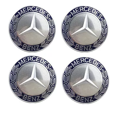 $14.99 • Buy Mercedes Benz  Centre Wheel Caps Set Of 4 Emblem Hub Badges Alloy 75mm Dark Blue