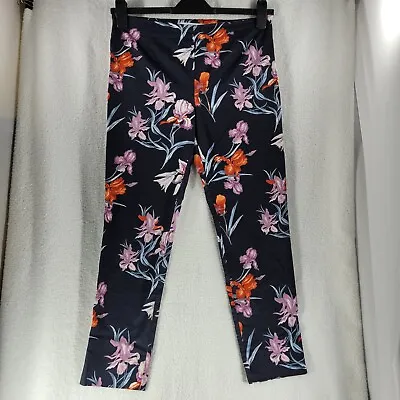 MANGO Womens Trousers Size 12 Navy Blue Floral Pattern Slim Straight Leg Formal • £9.99