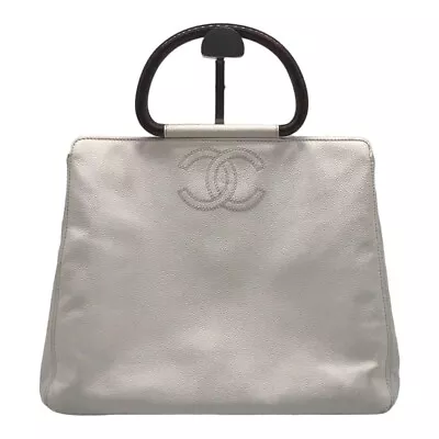 CHANEL COCO MARK CC Caviar Skin Leather Wood Handle Hand Bag Women White Genuine • $1622.16