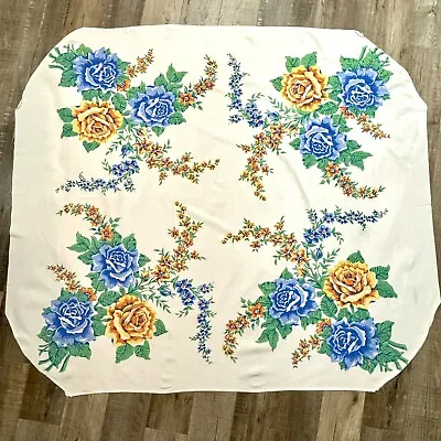 Vintage 50’s Bouquet Of Blue & Yellow Roses Flowers Tablecloth 45” X 53” • $27.99