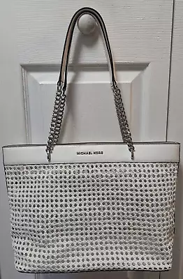 Michael Kors White Leather Woven Tote Shoulder Bag Purse - Rare • $69.99