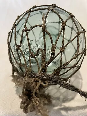 Vintage Green Blown Glass Fishing Float Ball Buoy With Netting 5in • $38