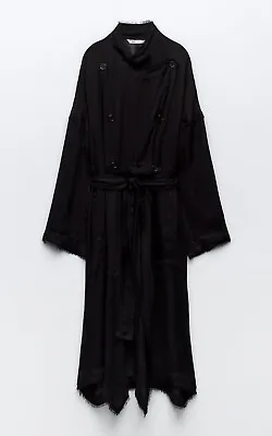 Rrp $139 Zara Semi-sheer Flowy Frayed Trench Coat Black Us One Size M Nwt • $65