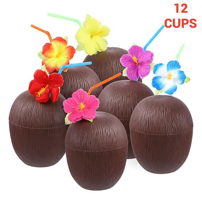 12Pcs Coconut Cups With Hibiscus Flower Straws For Hawaiian Luau Kids Party BGS • £28.39